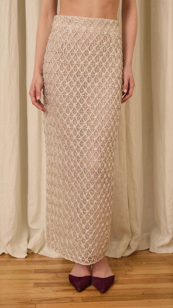 Amah Pencil Skirt in Crystal Lattice Embroidery