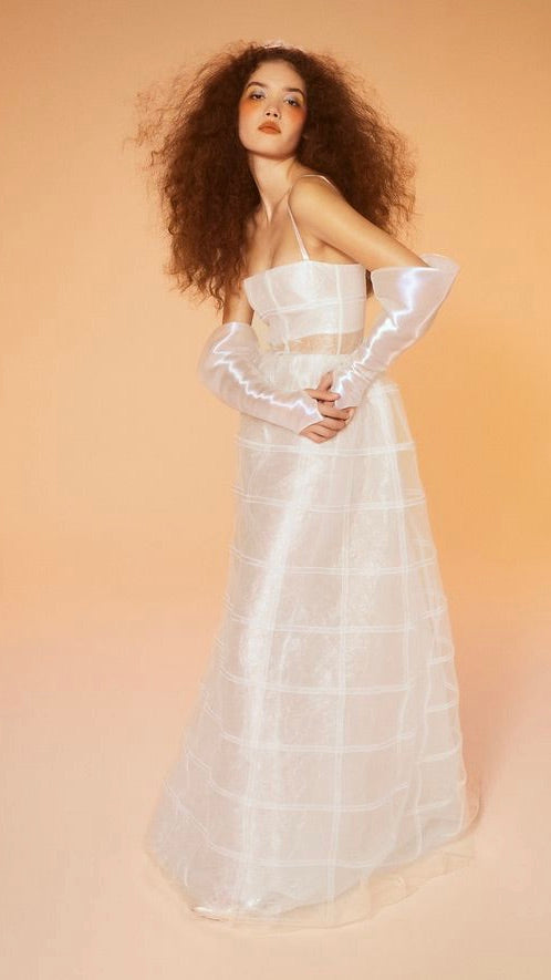 Sheer Textured Grid Gown with Lattice Overlay