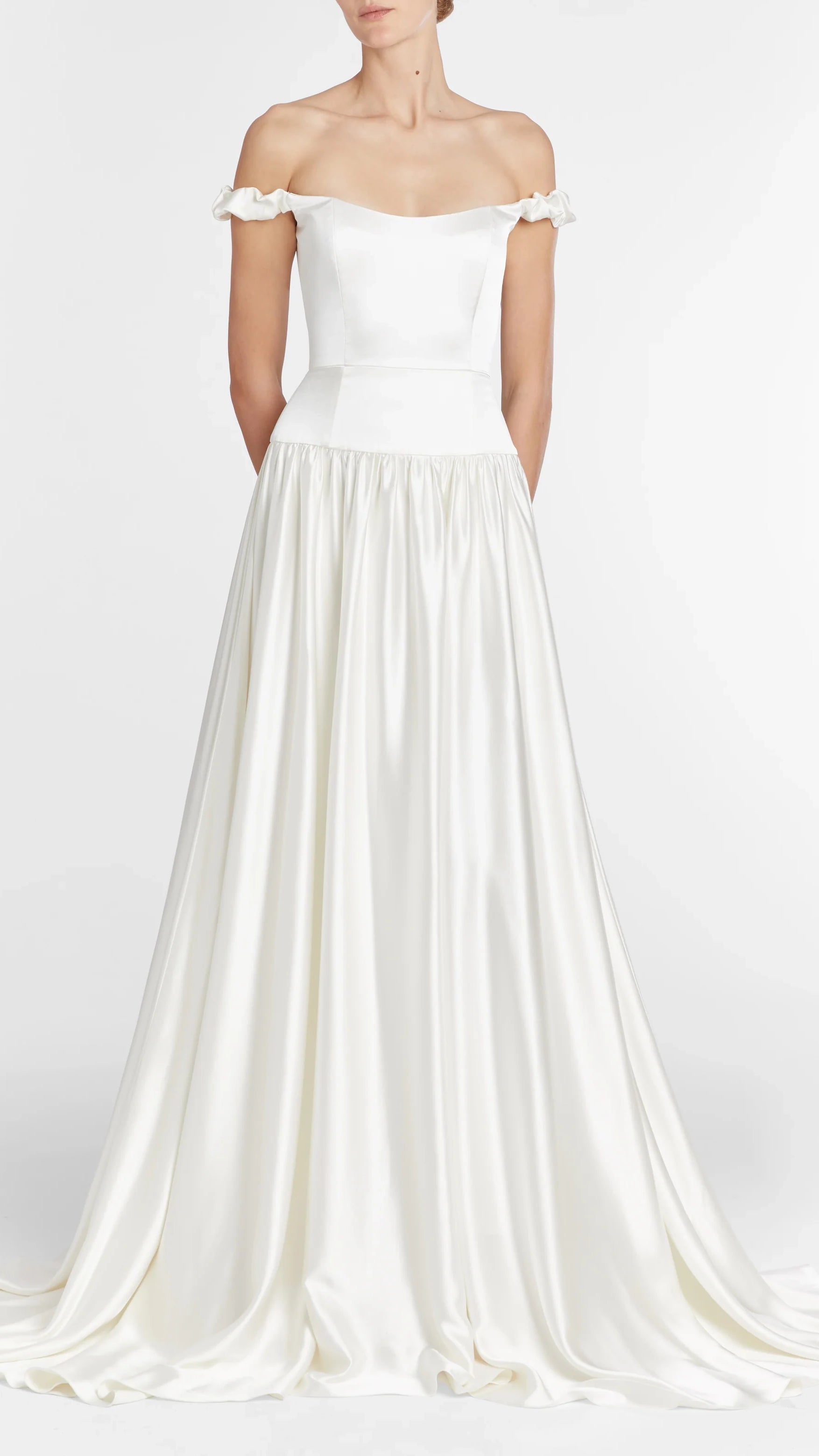 Wren White Duchess Satin Off The Shoulder Gown